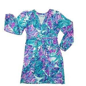 Lilly Pulitzer Bedelia Dress Women's Medium Seasalt Blue Don't Wanna Leaf Sash